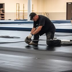 Foam floor cushioning underlayment in a gym