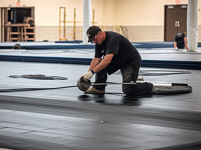 Foam floor cushioning underlayment in a gym