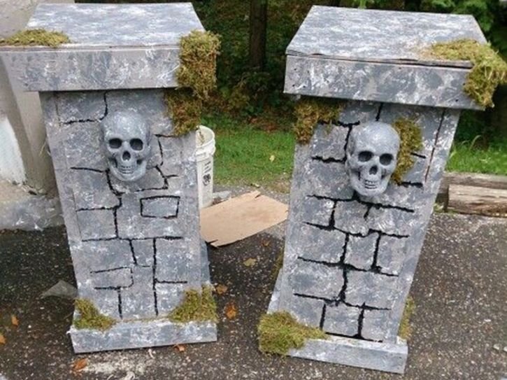 Halloween columns with skulls sculptured decoration made from Styrofoam expanded polystyrene EPS Foam
