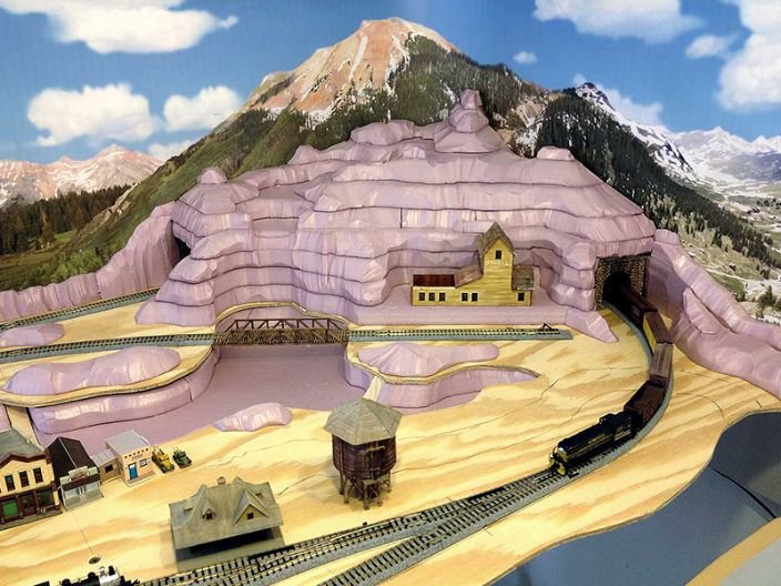 Mountain scenery made for model train using Styrofoam expanded polystyrene EPS foam