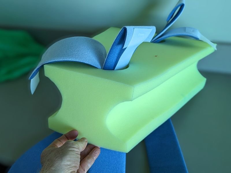 Polyurethane leg position foam with straps