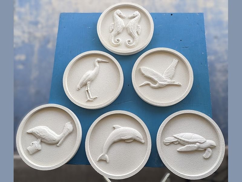 Round foam custom medallions with seahorse, blue heron, wading bird, pelican, dolphin and seaturtle_